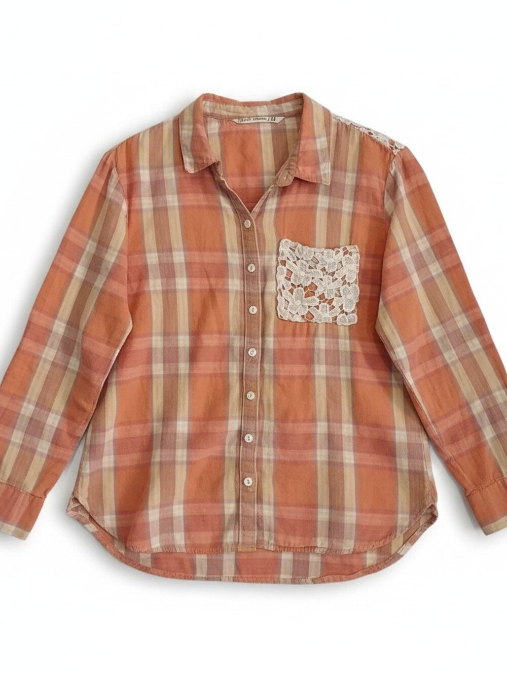 Hippie Laundry Size L Crochet Embellished Plaid Button Cowgirl Long Sleeve Shirt - Picture 1 of 12